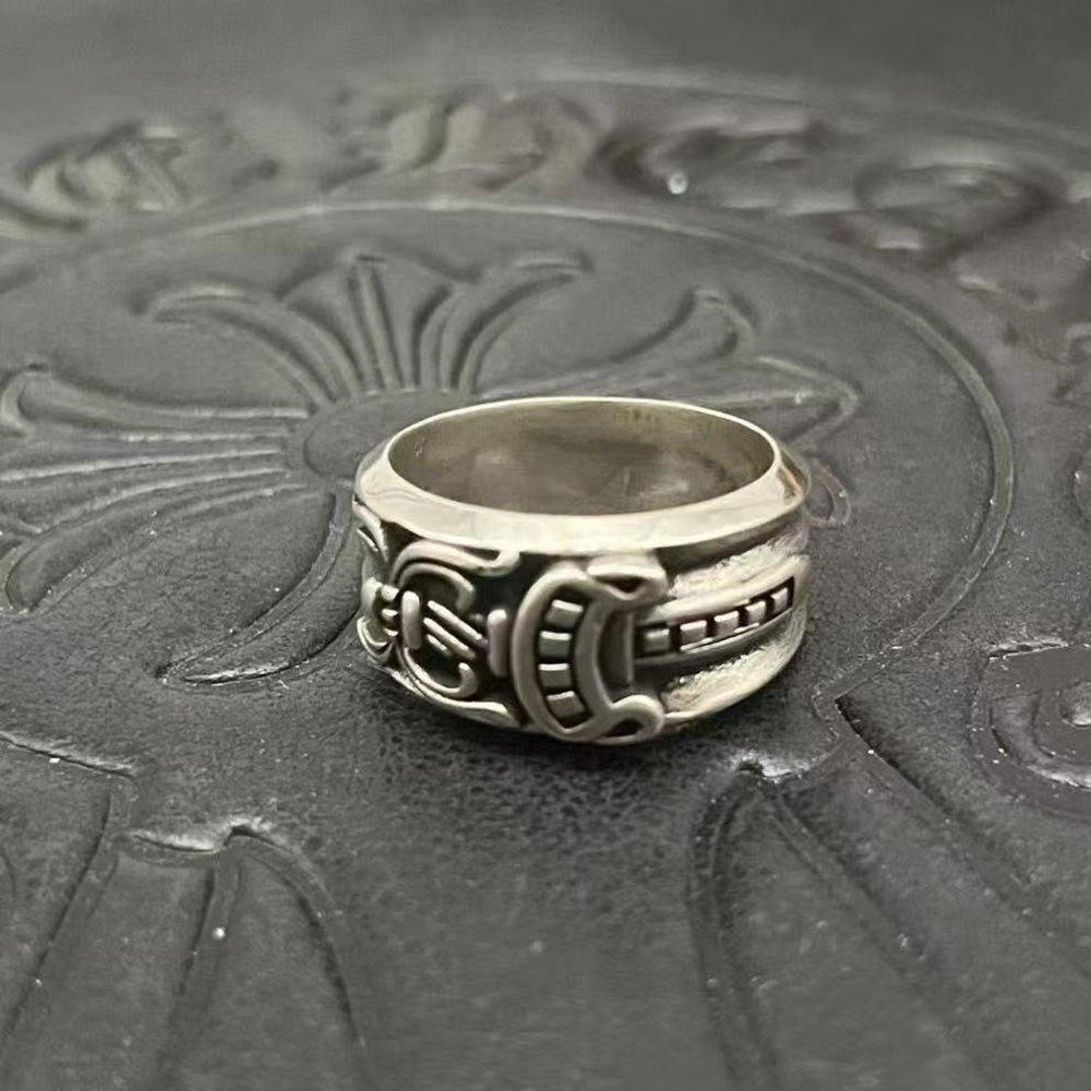 Chrome Hearts Dagger Scroll Engraved Wide Band Ring Unisex Vintage Silver